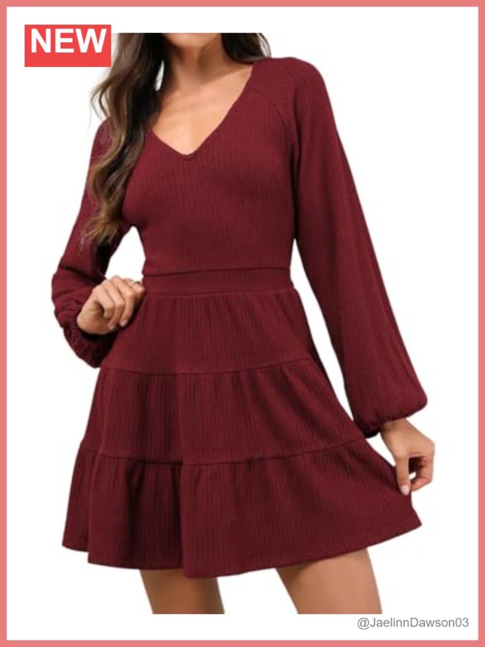 Lantern Sleeve V Neck Ribbed Knit Tiered Mini A-Line Skater Dress Women's